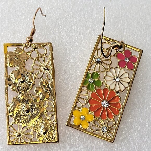 Rectangular Floral Earrings Filigree style with Multicolored flowers - Picture 4 of 12